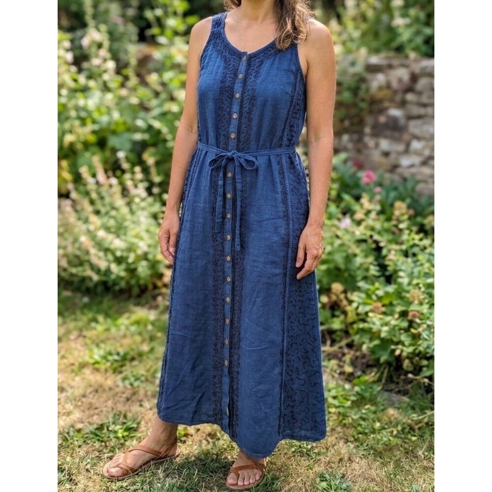 Women's Navy Button-Front Maxi Dress with Tie Waist